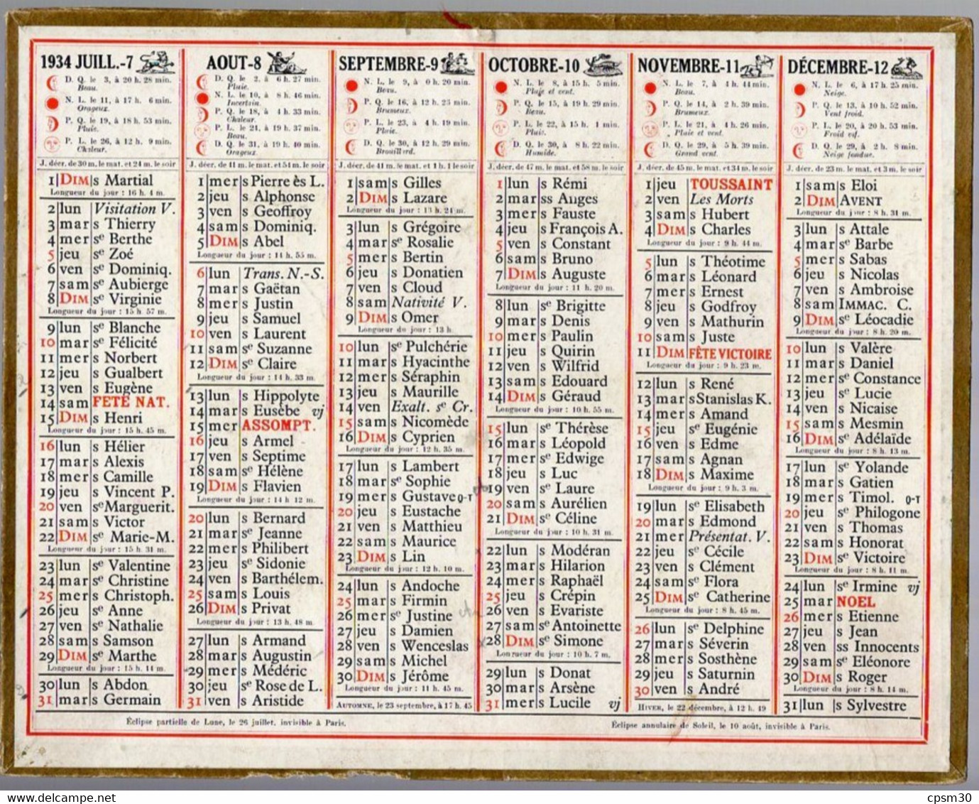 CALENDRIER GF 1934 - Sans Texte Et Sans Photo-image, édition Des P&T - Big : 1921-40