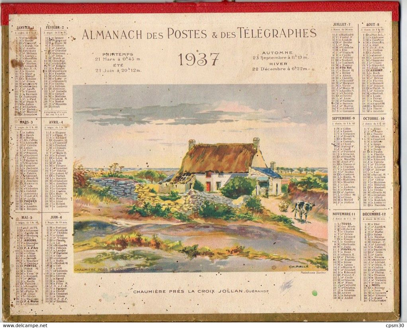 CALENDRIER GF 1937 - Chaumière Près Lka Croix Jollan (Guérande), Imprimeur Oberthur Rennes, Calendrier Double - Big : 1921-40