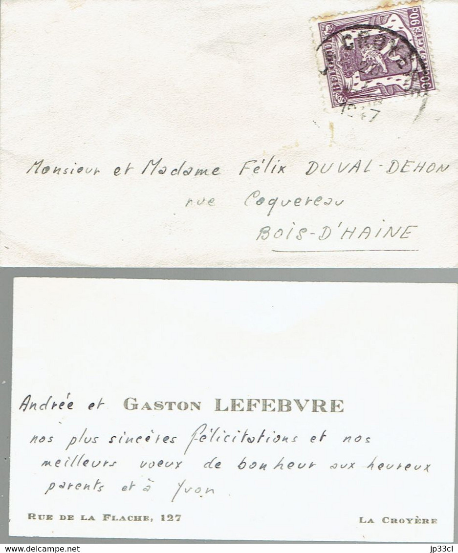 Carte De Visite Autographe D'Andrée Et Gaston Lefebvre, Rue De La Flache, La Croyère Vers Bois-d'Haine (janvier 1947) - Visitenkarten