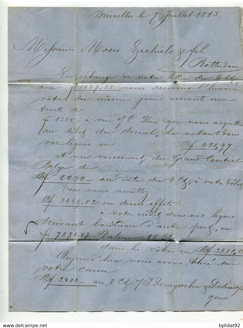 !!! BELGIQUE, LETTRE DE 1865 DE BRUXELLES POUR ROTTERDAM - 1865-1866 Perfil Izquierdo