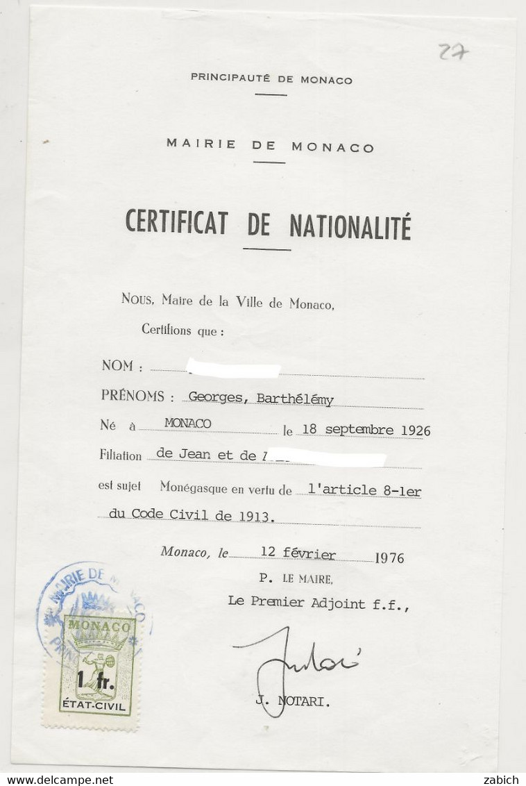TIMBRES FISCAUX DE MONACO TIMBRE ETAT CIVIL MAIRIE DE MONACO N°27 1F Vert  Papier Blanc De 1976 - Fiscaux