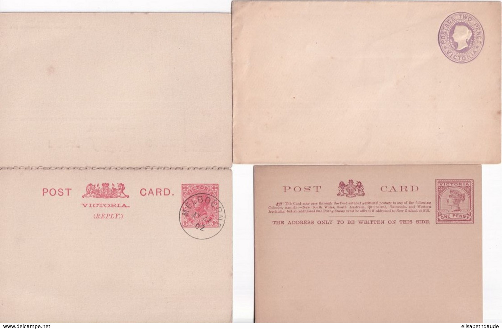 VICTORIA - ENTIERS POSTAUX - CARTE + CARTE REPONSE PAYEE (TACHES SUR 1° PARTIE) + ENVELOPPE NEUVES / OBLITEREE - Briefe U. Dokumente