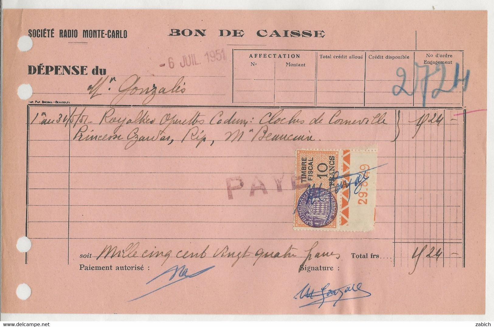 FISCAUX DE MONACO SERIE UNIFIEE  De 1949 N°6  10F Orange Coin Date Du 29 8 49 Le 6 Janvier 1951 - Revenue