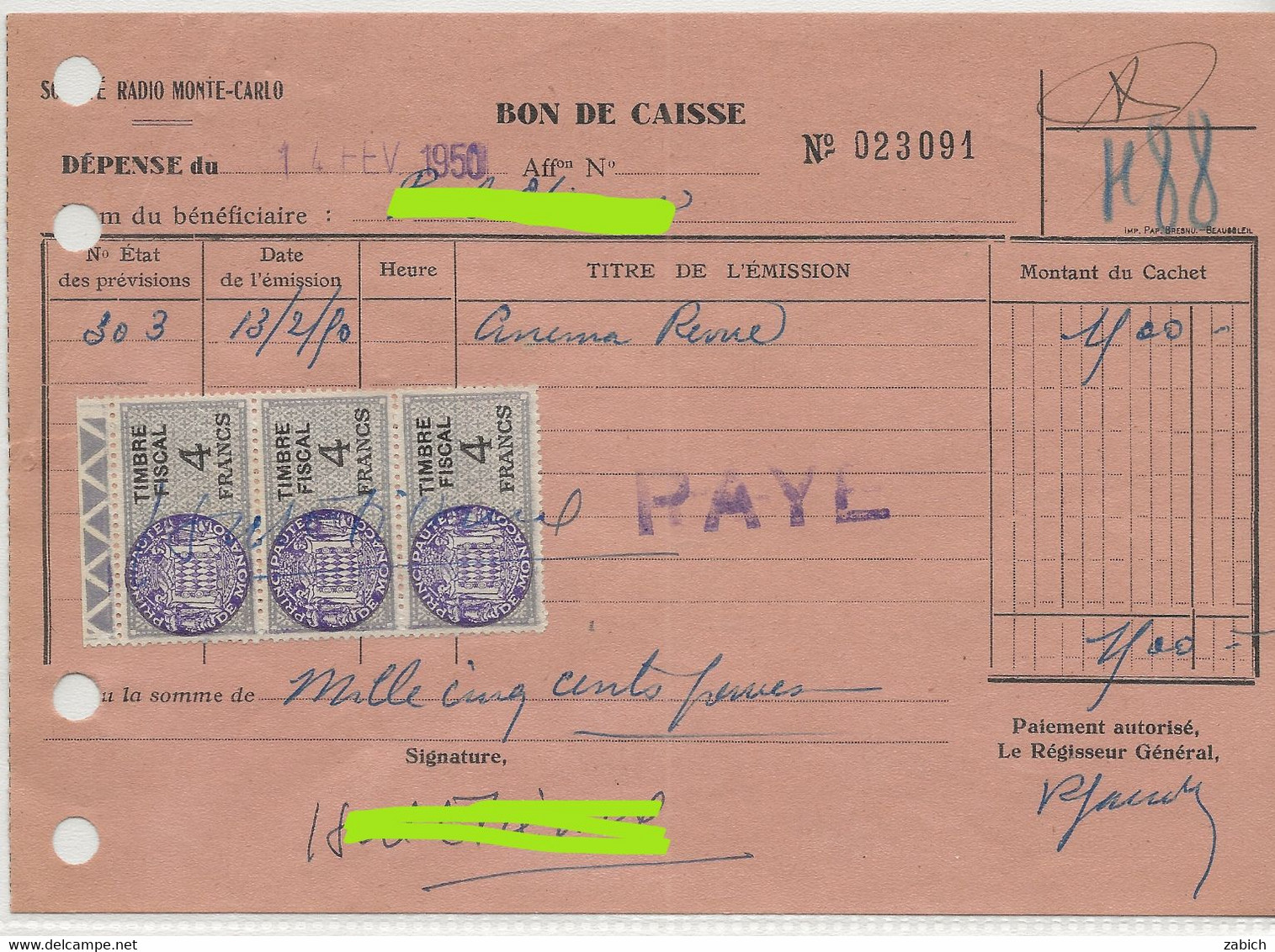 TIMBRES FISCAUX DE MONACO SERIE UNIFIEE  De 1949 N°4  4F Violet  3 Ex  14 Février 1950 - Fiscaux