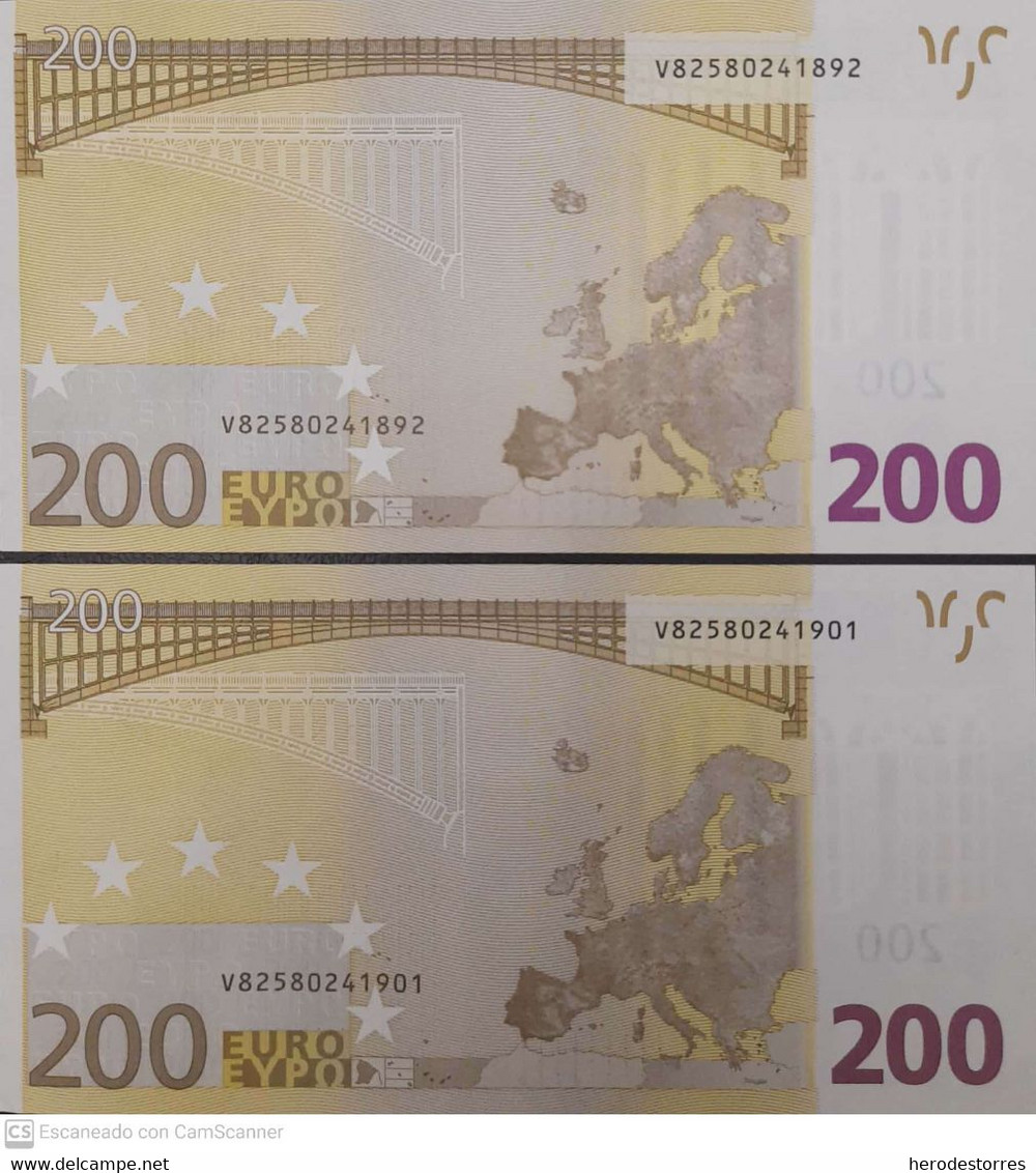 Paar Correlativ 200 EURO SPAIN (V) T001, DRAGHI, UNC - 200 Euro
