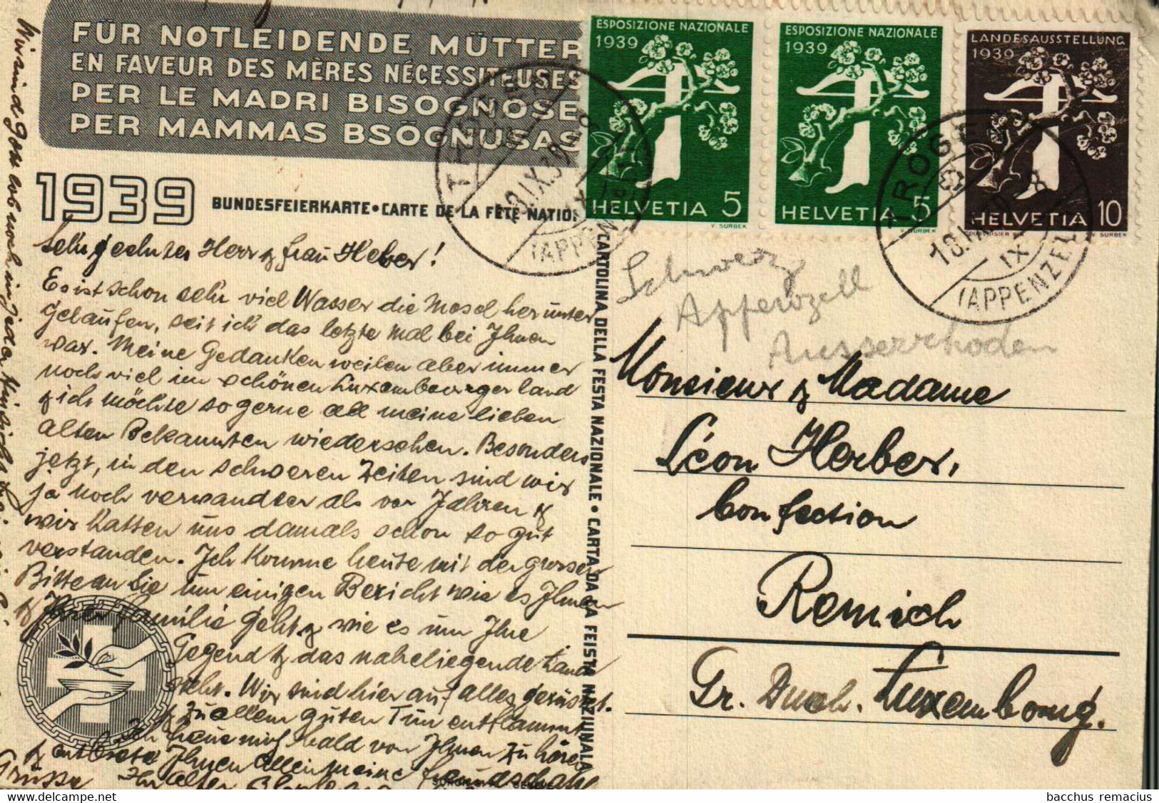 TROGEN 10.XI.1939 BUNDESFEIERKARTE 1939  "Für Notleidende Mütter" - Trogen