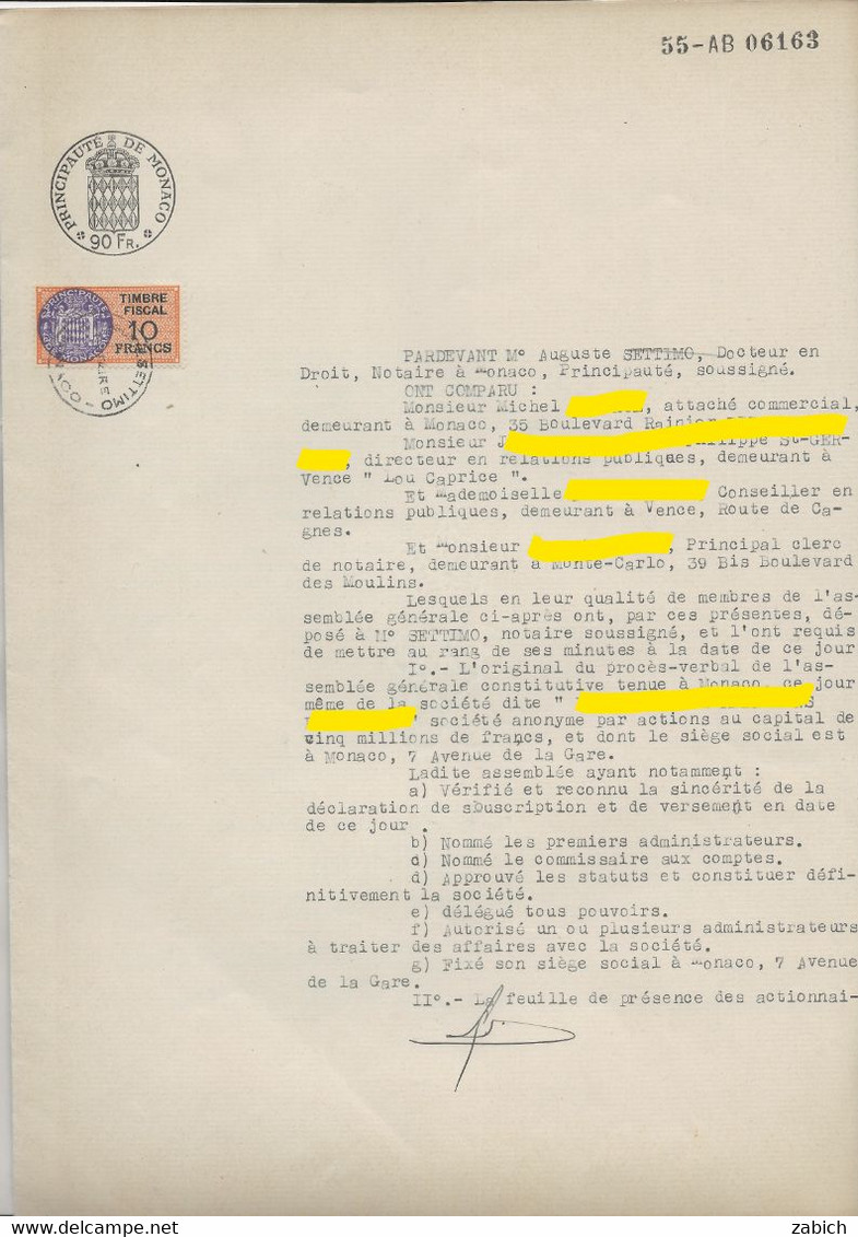 FISCAUX DE MONACO SERIE UNIFIEE  De 1949 N°6 10F ORANGE En Complémenr Sur Papier Timbre 90F Le  23 Janvier1957 - Fiscaux