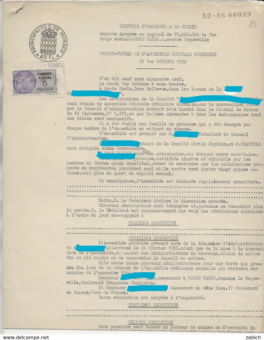 FISCAUX DE MONACO SERIE UNIFIEE  De 1949 N°5 5F Violet En Complémenr Sur Papier Timbre 45F Le  3 Mars 1954 - Revenue