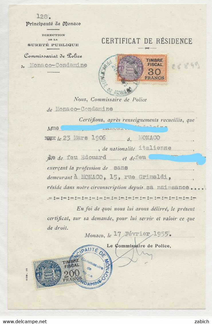 FISCAUX DE MONACO SERIE UNIFIEE  De 1949 N°9 30F Orange Er N°16 200F Bleu Le 17 Février 1955 - Revenue