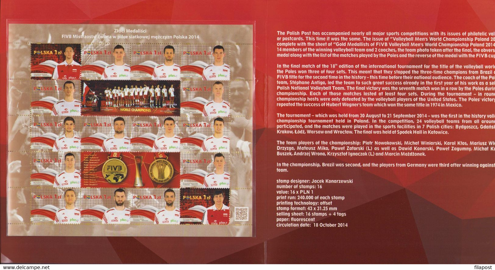 POLAND Booklet 2014.10.18 Gold Medallists Of FIVB Volleyball Men's World Championships, Sport / Full Sheet MNH**FV - Postzegelboekjes
