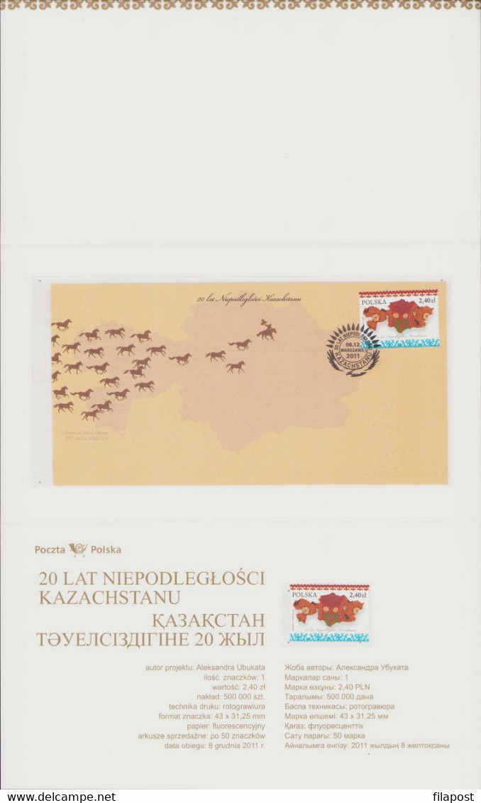 POLAND 2011 Souvenir Booklet / Independence Of Kazakhstan, Map, Culture, Tradition, Joint Issue / FDC + Stamp MNH**F - Postzegelboekjes