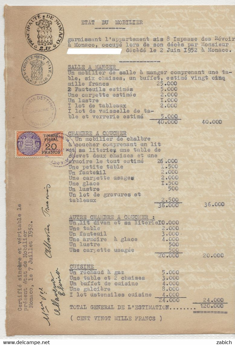 FISCAUX DE MONACO SERIE UNIFIEE  De 1949 N°6  20F Orange  En Complément Sur Papier Timbré Le 7 Juillet  1952 - Fiscaux