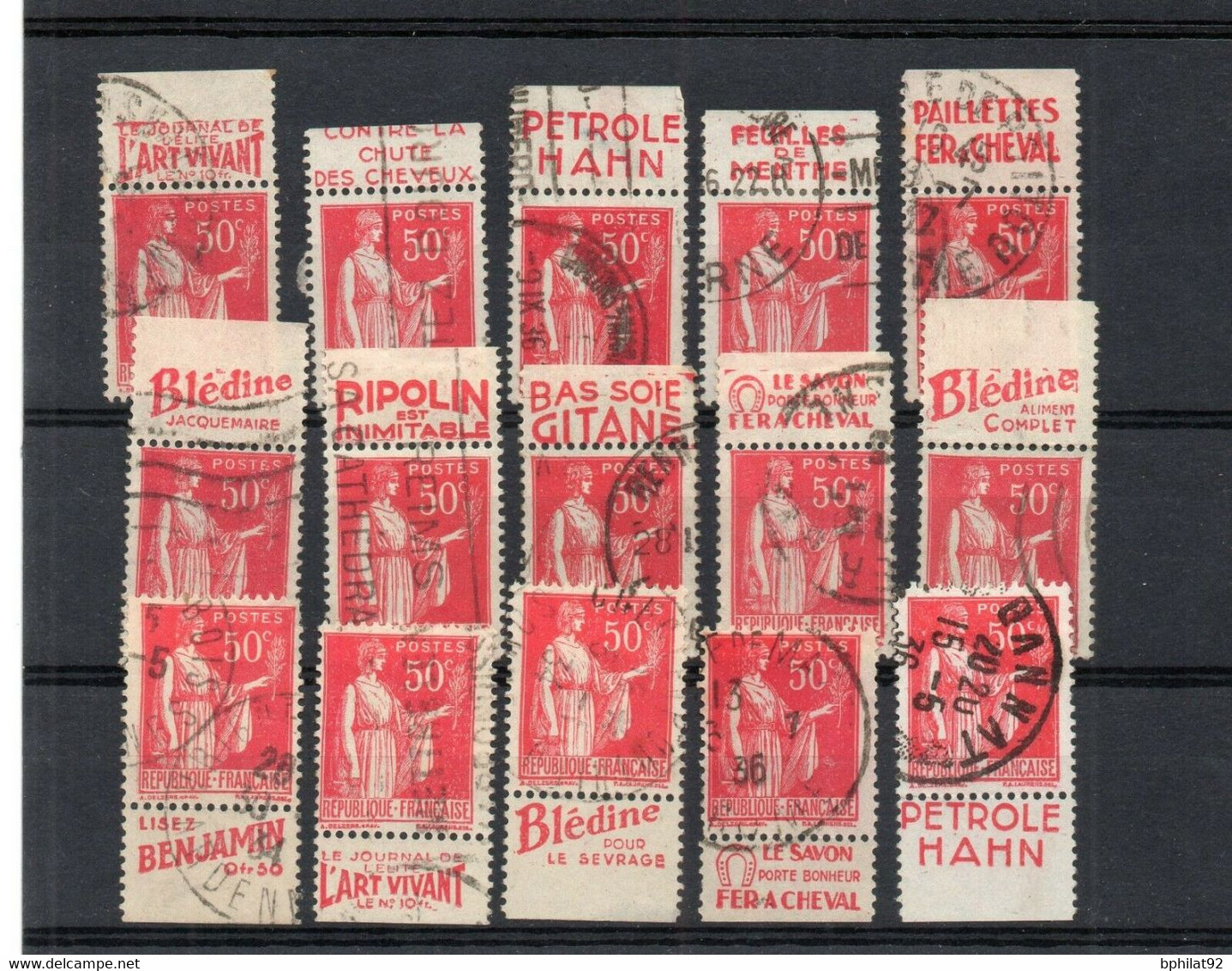 !!! 50C TYPE PAIX ROUGE : LOT DE 15 TIMBRES PUBS OBLITERES TOUS DIFFERENTS - Gebraucht