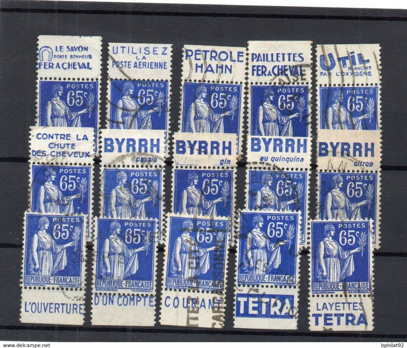 !!! 65 C TYPE PAIX, LOT DE 15 TIMBRES PUBLICITAIRES DIFFERENTS OBLITERES - Gebraucht