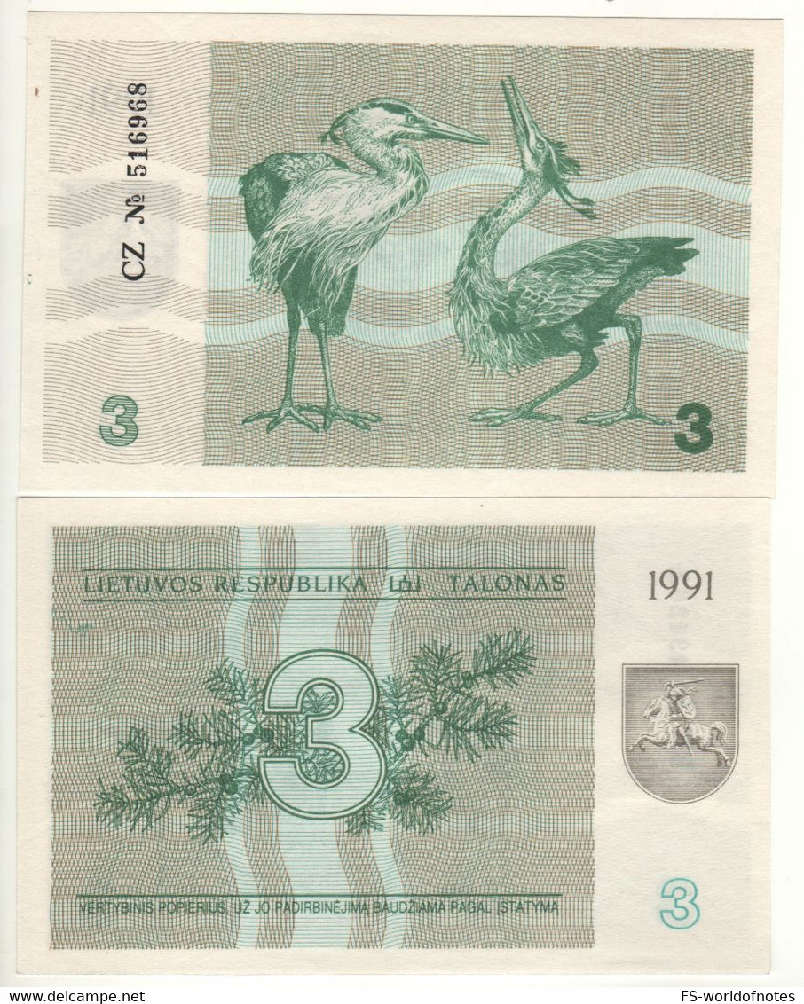 LITHUANIA   3 Talonas   1991   P33b   ( Juniper Branch + Gray Herons On Back)   UNC - Lituania