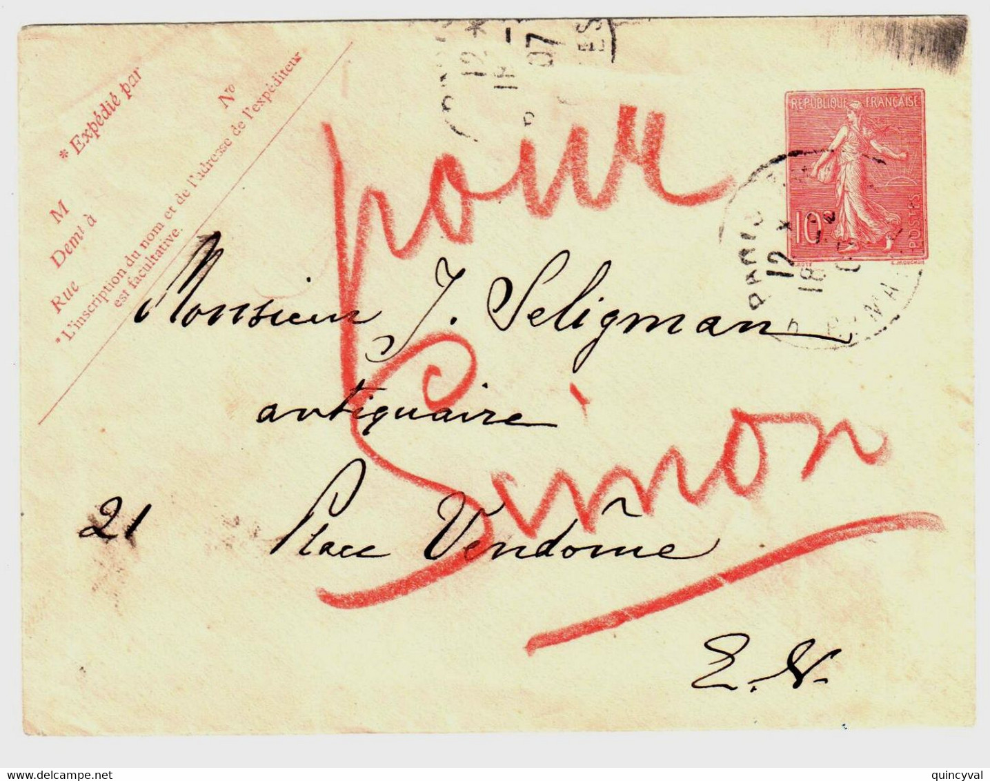 PARIS Enveloppe Entier Postal 10c Semeuse Lignée Rose Sur Blanc Date 534 Yv 129-E1 Storch A10 Format 123x96 Ob 1907 - Standaardomslagen En TSC (Voor 1995)