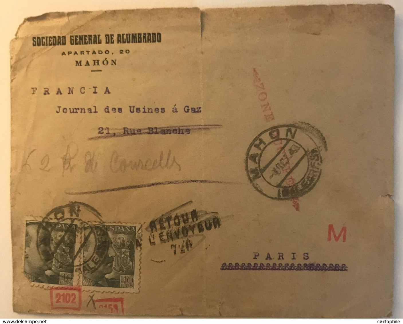 Rare Letter From Mahon To Paris (zone Occupée) With Doble Censura Militar Correos Menorca & Wehrmacht Germany 1943 WW2 - Nationalists Censor Marks