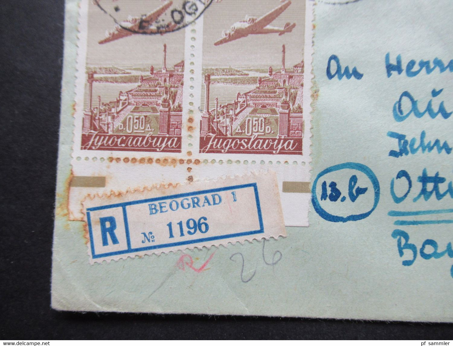 Jugoslawien 1950 Zensurbeleg Roter Dreieckstp. Pregledano Einschreiben Beograd MiF 100 Jahre Eisenbahn Nr. 583/585 - Storia Postale
