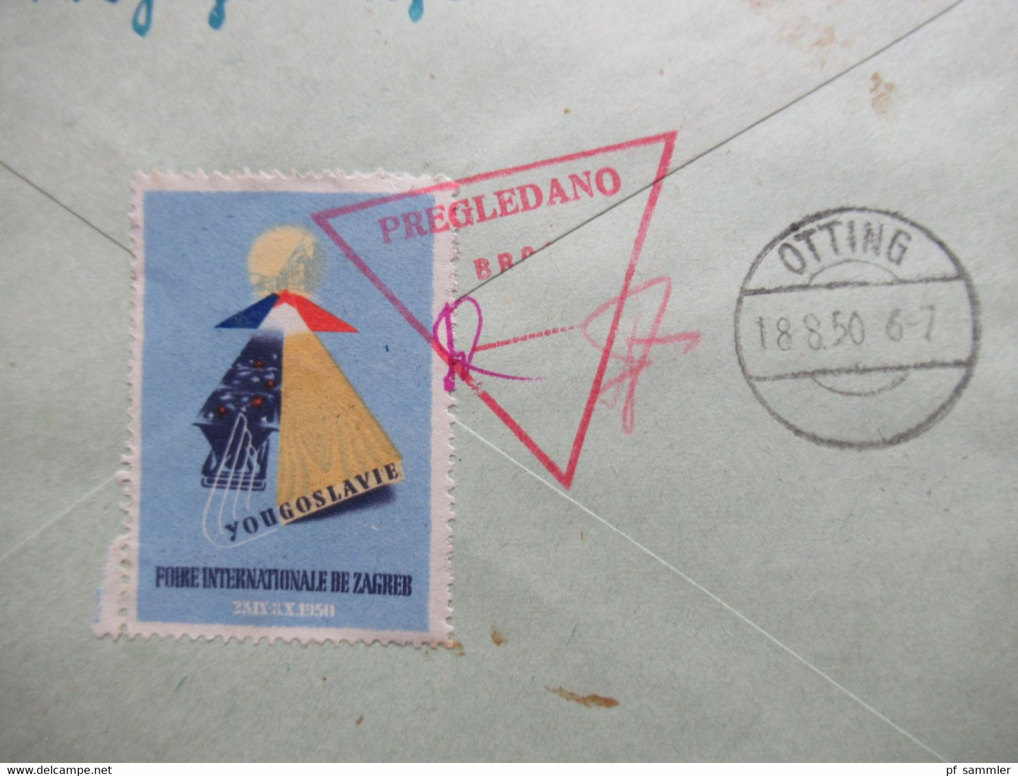 Jugoslawien 1950 Zensurbeleg roter Dreieckstp. Pregledano Einschreiben Beograd MiF 100 Jahre Eisenbahn Nr. 583/585