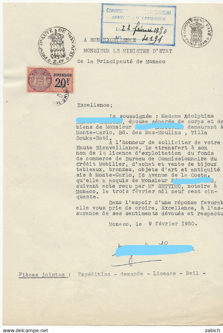FISCAUX DE MONACO  DIMENSION N°21  20F Saumon Sur Papier Timbre 2fr + Complément 1948 9 Février 1950 - Fiscaux