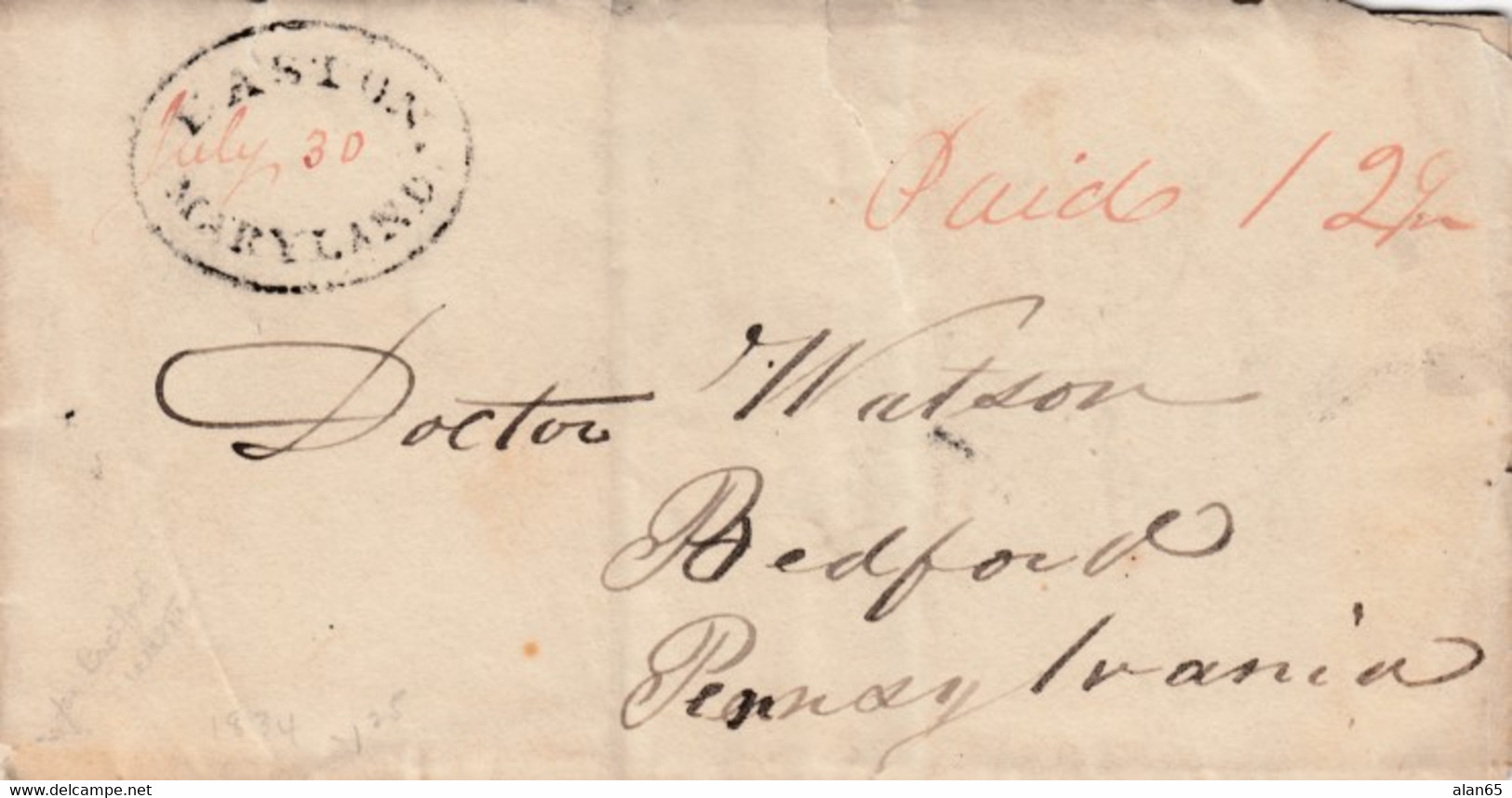 Stampless Cover, Easton Maryland Black Postmark, To Bedford PA, 30 July (1834), 12 1/2c Rate - …-1845 Prefilatelia