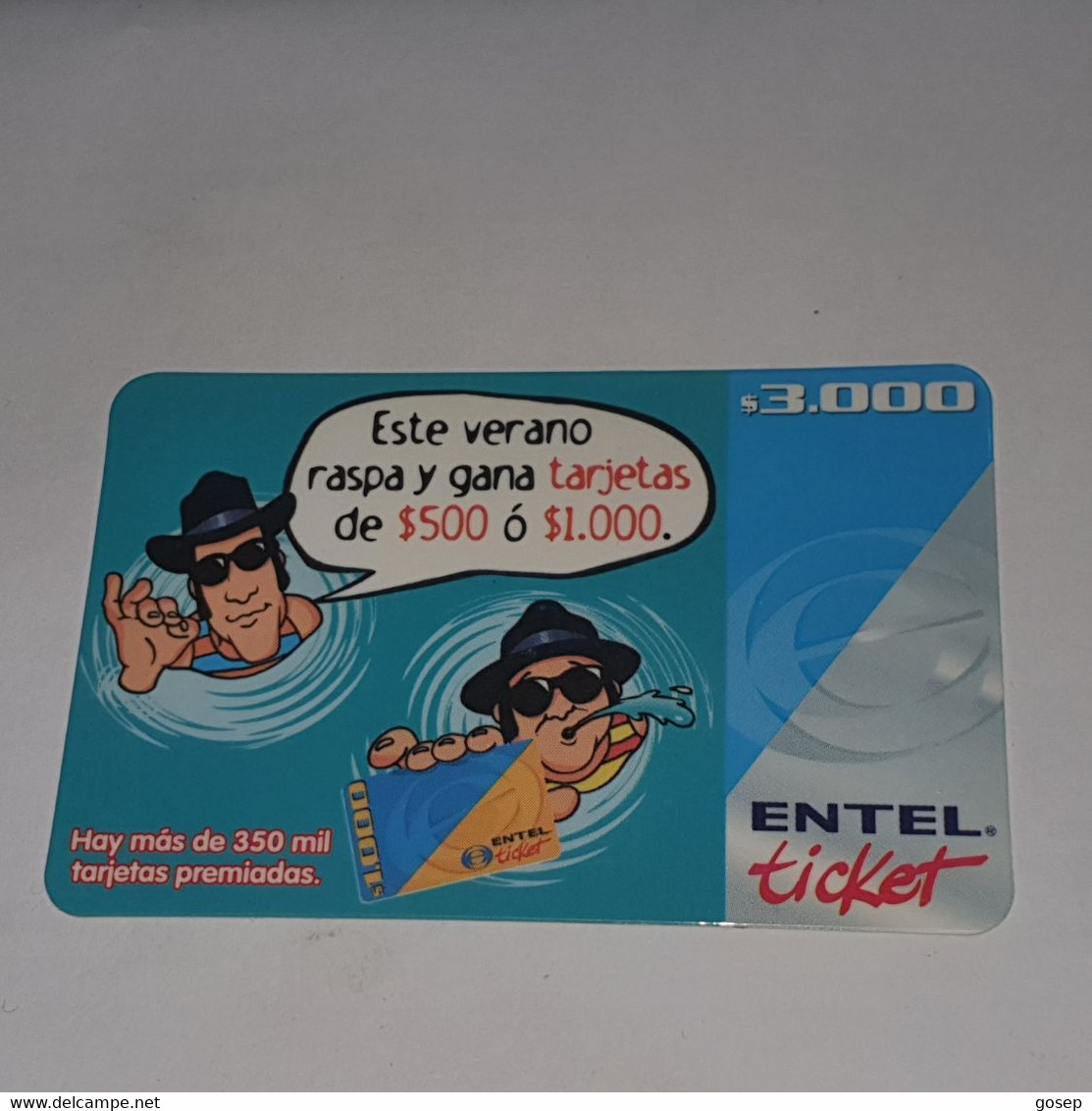 Chile-entel Ticket-(192)-($3.000)-(212-267-601-590)-(30/9/2002)-(look Outside)-used Card+1card Prepiad Free - Chile