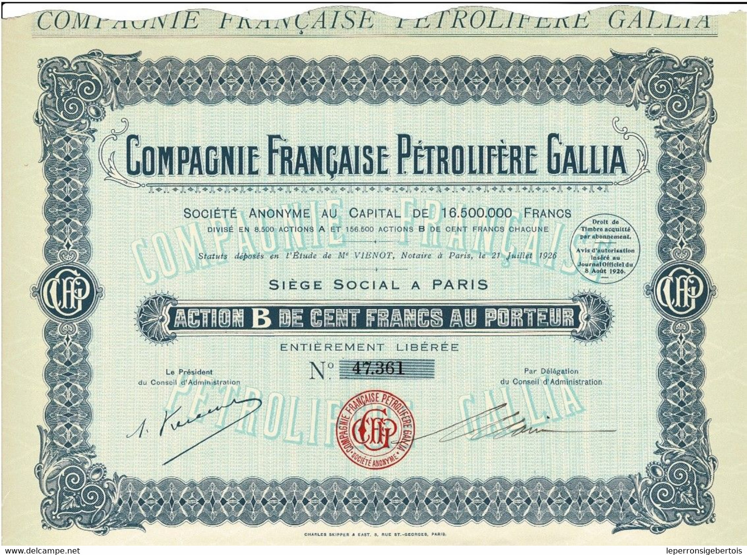 Titre Ancien - Compagnie Française Pétrolifère Gallia - Titre De 1926 - N° 47.361 - - Erdöl