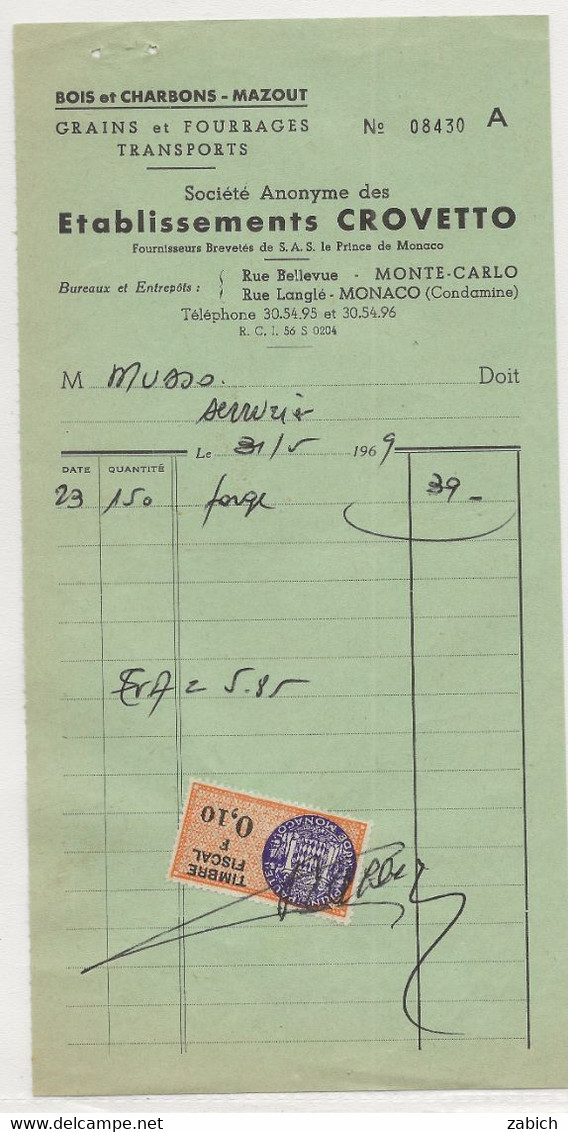 TIMBRES FISCAUX DE MONACO SERIE UNIFIEE  N°44  0NF10 ORANGE Sur DOCUMENT DE 1969 - Fiscales