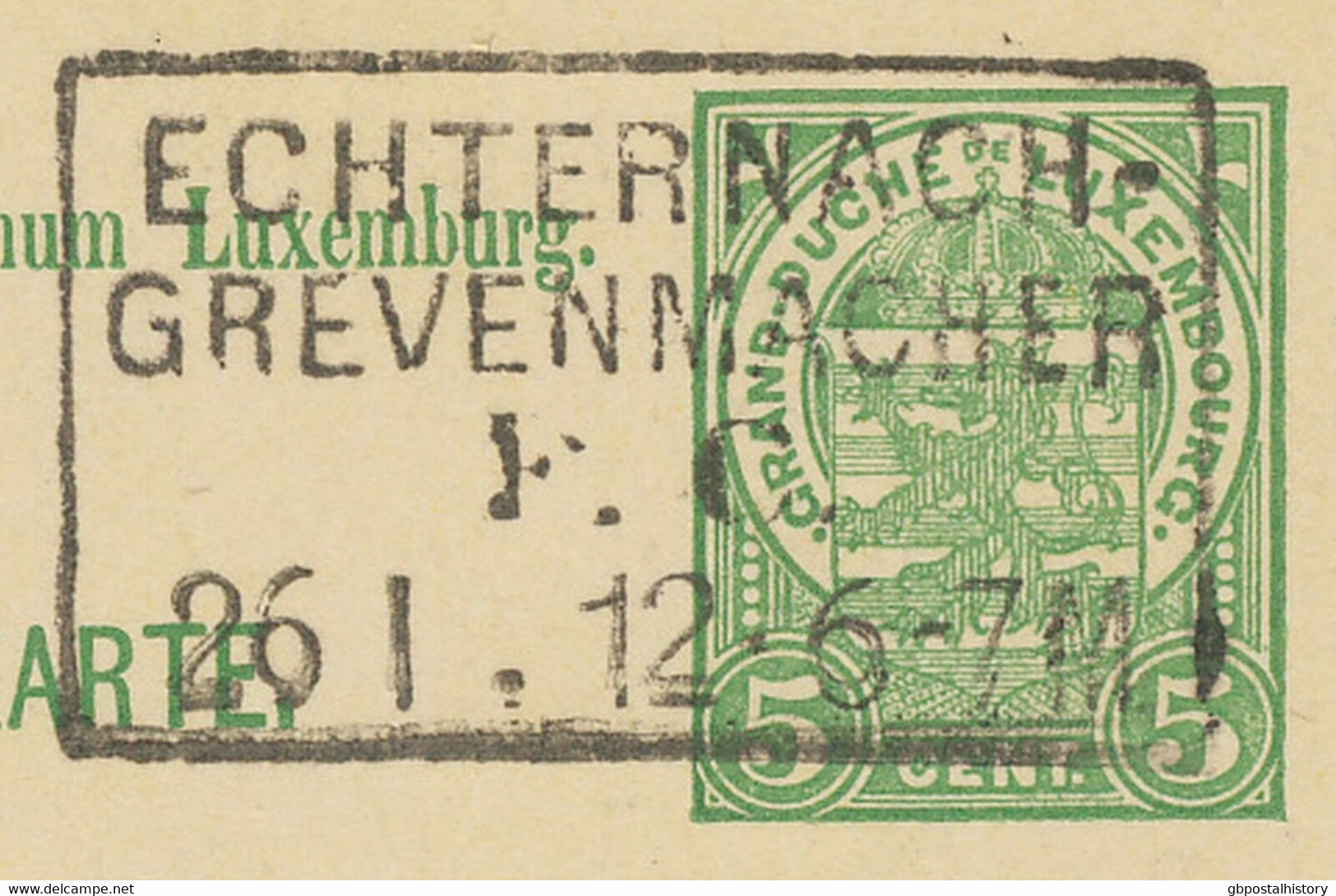 LUXEMBURG "ECHTERNACH - / GREVENMACHER / F.C. / 26 1.12-6-7 M" RA4 BAHNPOSTStpl. - 1907-24 Coat Of Arms