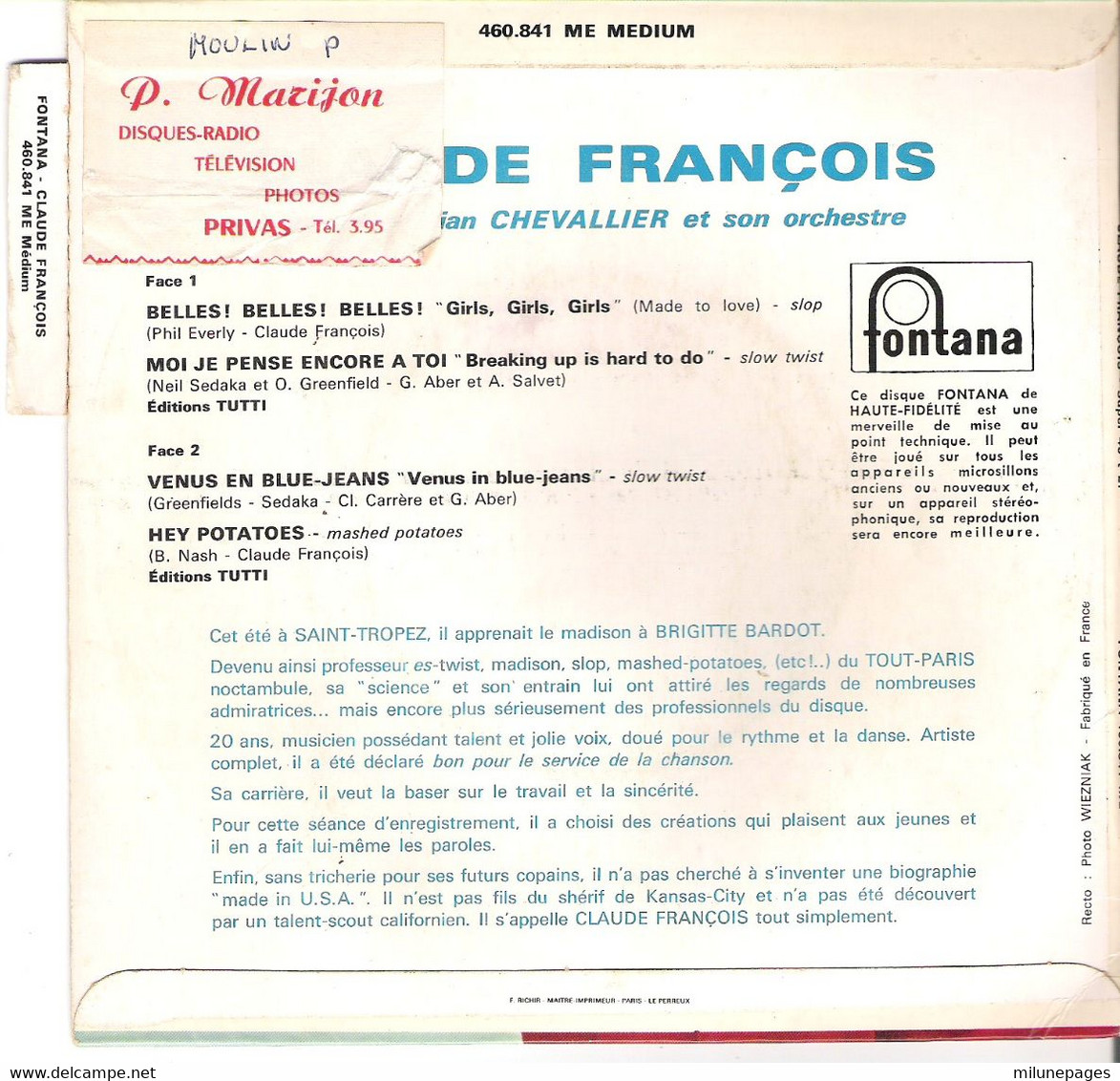 Vinyle 45T EP 4 Chansons Claude François Belles Belles  Fontana 460.841 Version Etiquette Blanche - Collector's Editions