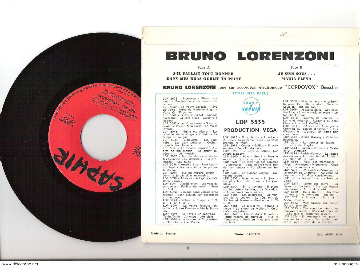 Vinyle 45 T EP Maria ELENA  Par  Bruno LORENZONI à L'accordéon électronique Cordovox Saphir LDP 5535 - Autres - Musique Française