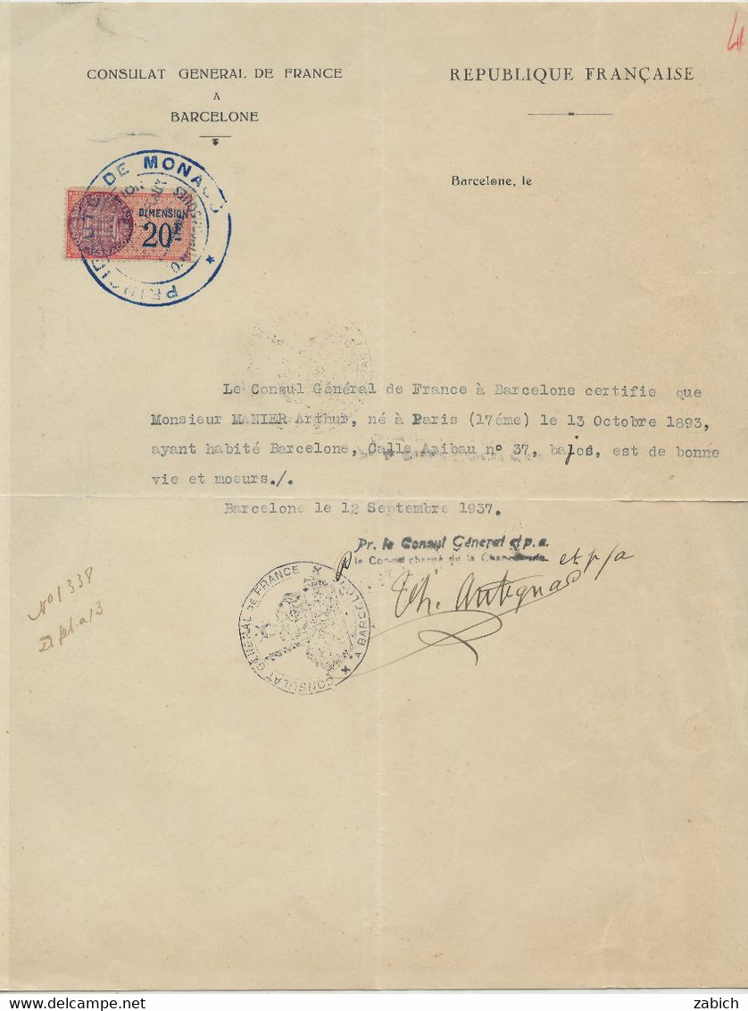 FISCAUX  FRANCE/ MONACO 1937 CONSULAT DE FRANCE à BARCELONE DIMENSION MONACO N°21 20F SAUMON - Steuermarken