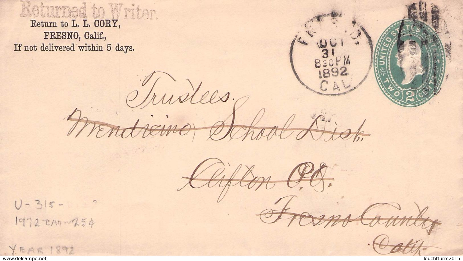 USA - STATIONARY ENVELOPE 1892 2 CENTS FRESNO /QD 142 - ...-1900