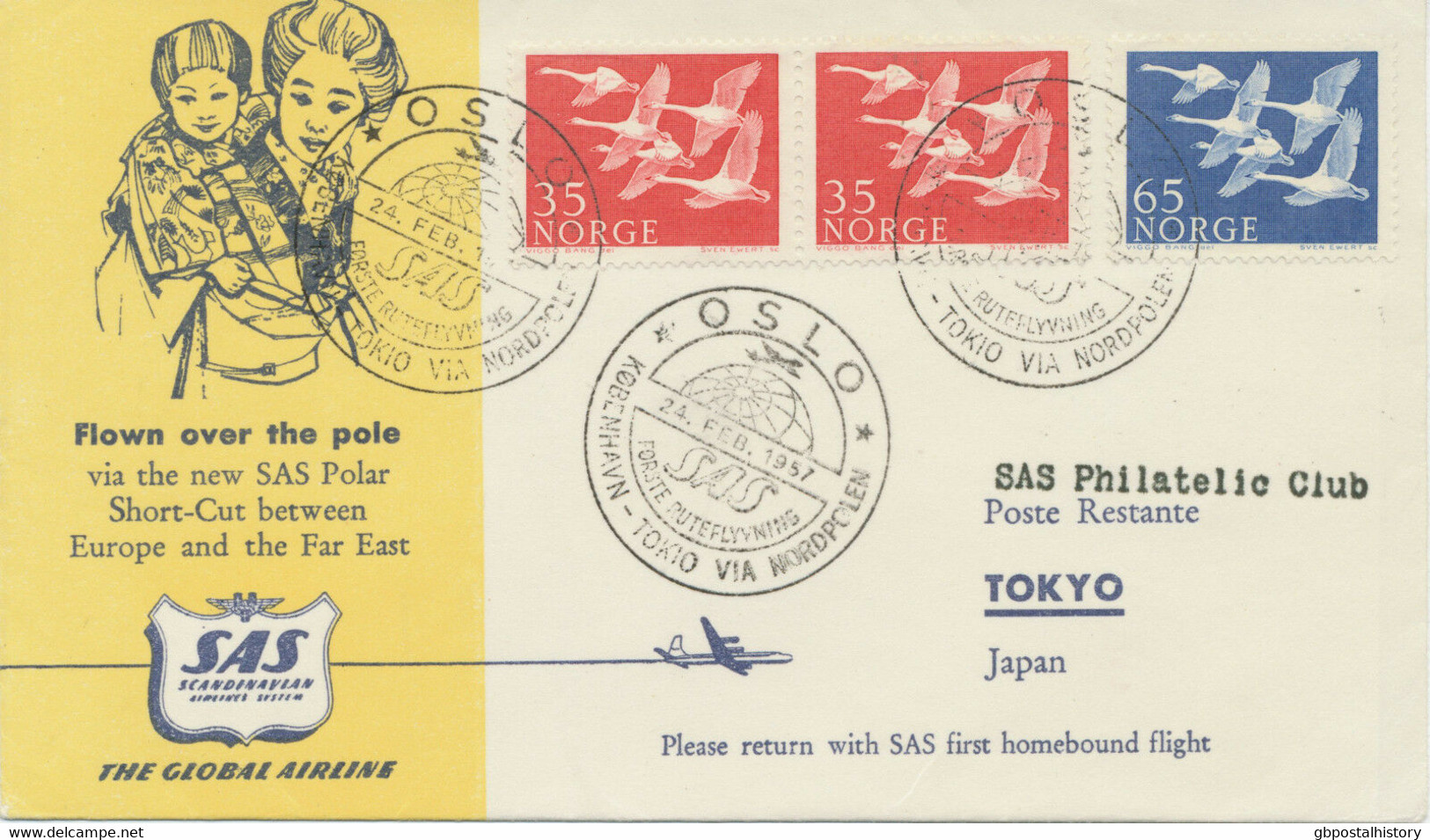 NORWAY 1957 First Direct Flight "OSLO - TOKYO Via NORDPOL" First Flight With SAS - Lettres & Documents