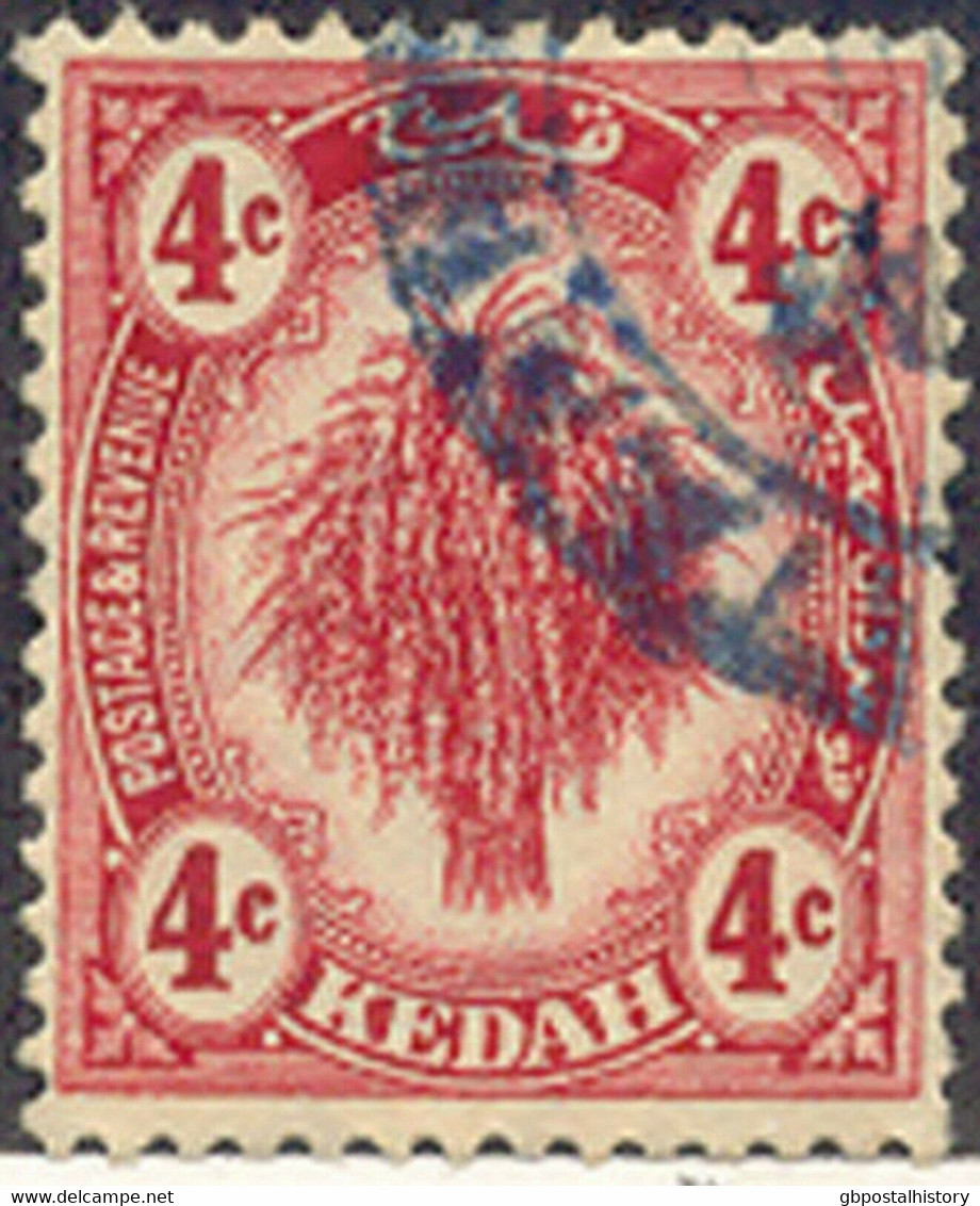 MALAYA KEDAH 1921 Rice Sheaf 4 Cents Red VFU MAJOR ERROR & VARIETY: DRY PRINT - Kedah