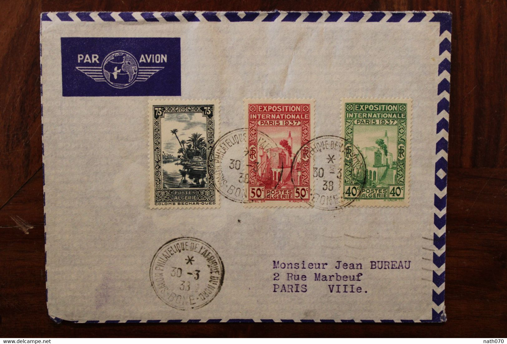 Algérie 1937 FRANCE Bone Exposition Internationale Afrique Nord Par Avion Cover Air Mail Colonie Salon Philatélique - Luchtpost