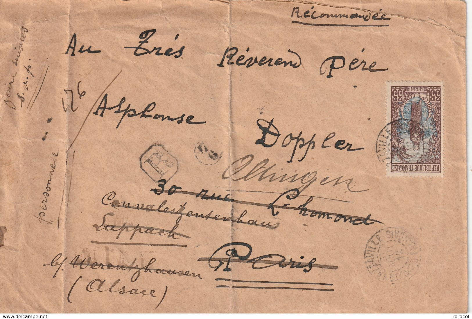 LETTRE RECOMMANDEE CONGO 31/08/1912 BRAZZAVILLE POUR PARIS Redirigée En ALSACE - Brieven En Documenten
