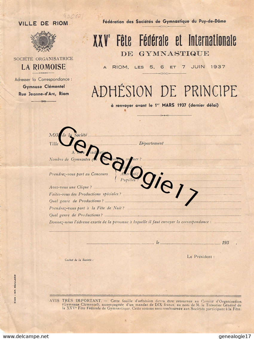 63 3032 RIOM Puy Dome 1937 XXV Fete Federale De Gymnastique Organisation LA RIOMOISE - Gymnastiek