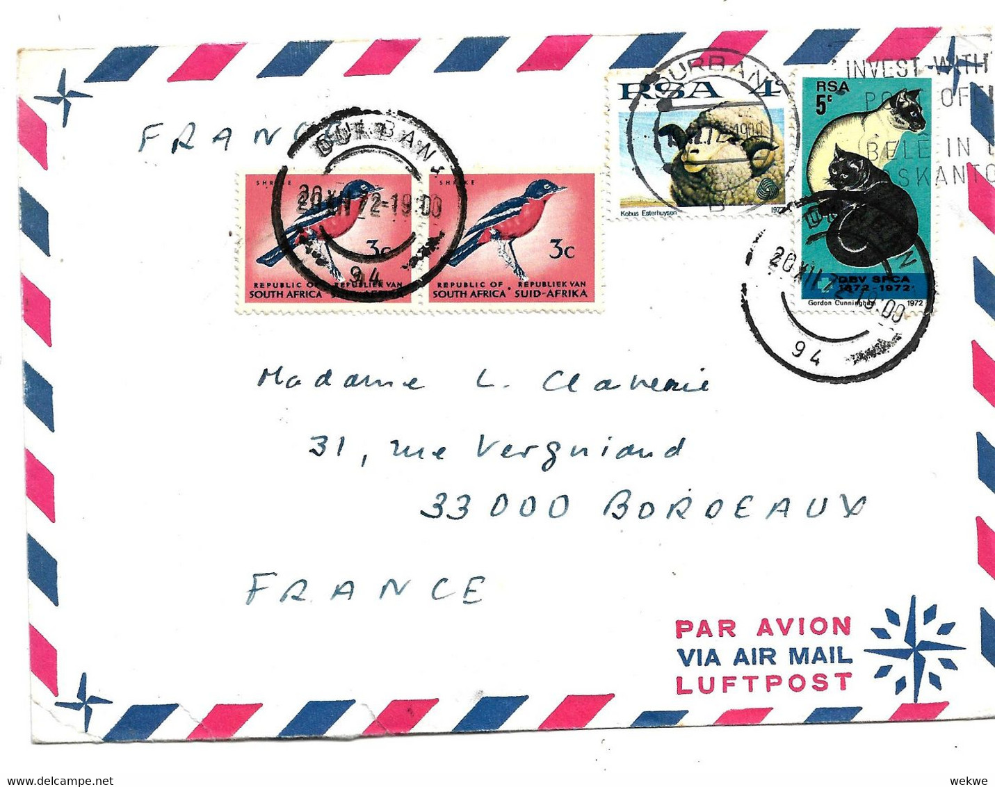 SA-R118 / SÜDAFRIKA -  Tiere ( Vogel, Schaf, Katze) 1972 Auf Brief Nach Frankreich - Briefe U. Dokumente