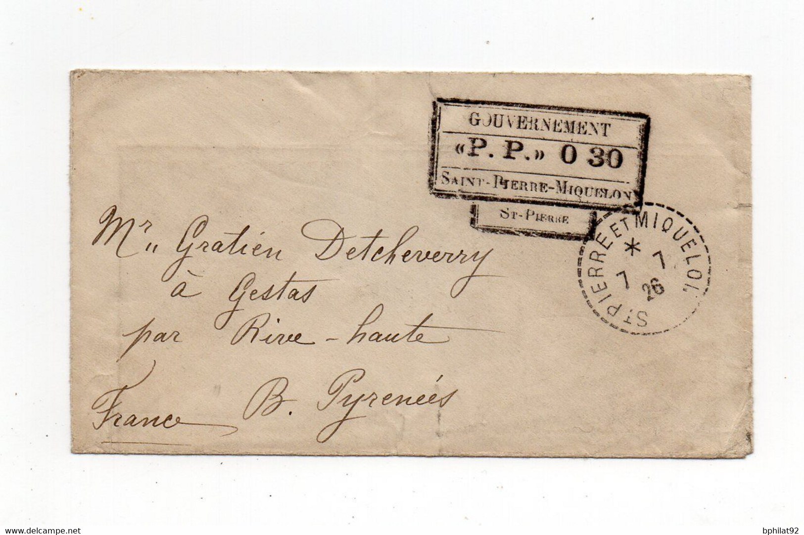 !!! ST PIERRE ET MIQUELON, LETTRE DE 1926 POUR GESTAS, CACHET GOUVERNEMENT PP 0,30 - Briefe U. Dokumente