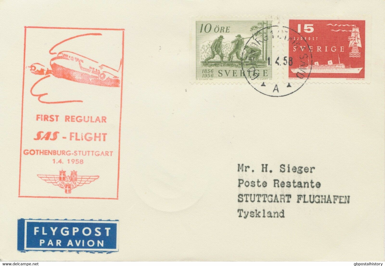 SWEDEN 1958, First Flight With SAS, First Regular Flight "GÖTEBORG - STUTTGART" - Lettres & Documents