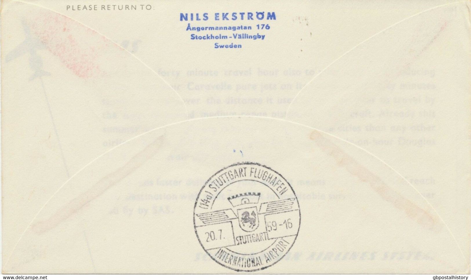 SWEDEN 1959, First Flight SAS First Caravelle Jet Flight "STOCKHOLM - STUTTGART" - Lettres & Documents