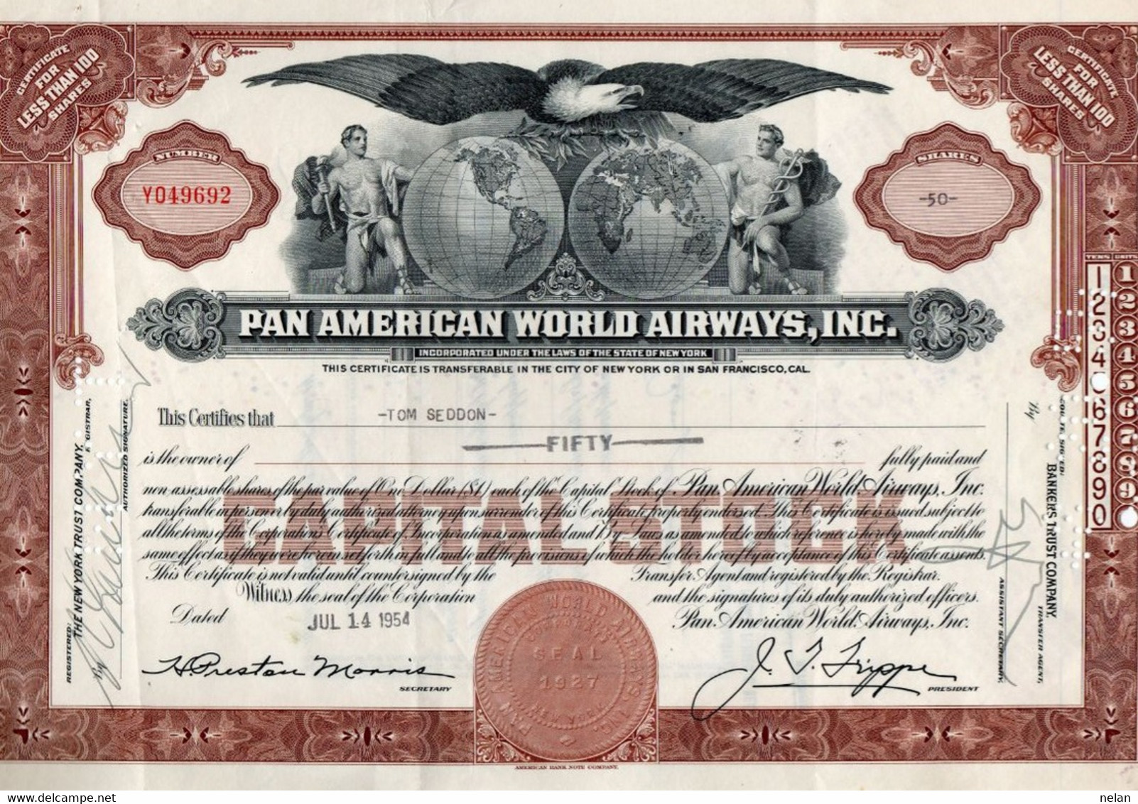 U.S.A. - PAN AMERICAN WORLD AIRWAYS INC. LOTTO 3 TITOLI BANCARI -CAPITAL STOCK -NEW YORK - SAN FRANCISCO - Aviation