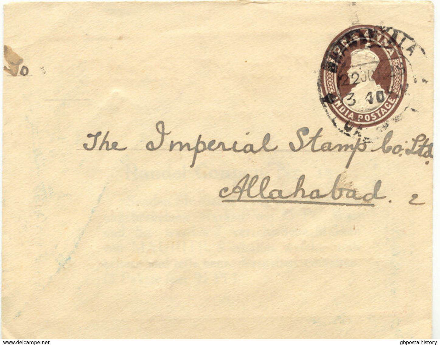 INDIA 1929 GV One Anna Stamped To Order Postal Stationery Envelope (ADVERTISING: Imperial Stamp Co. Ltd, Allahabad) - 1911-35 Koning George V
