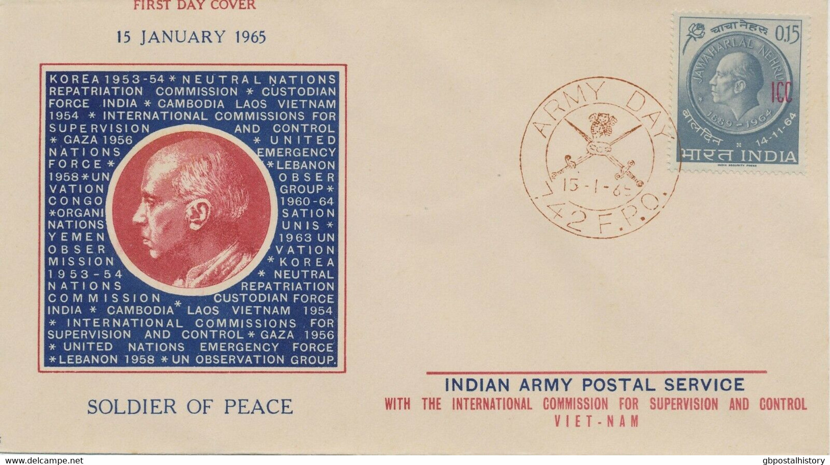 INDIA Indian Police Forces In Laos And Vietnam 1965 Army Day W. Overprint "ICC" - Militaire Vrijstelling Van Portkosten
