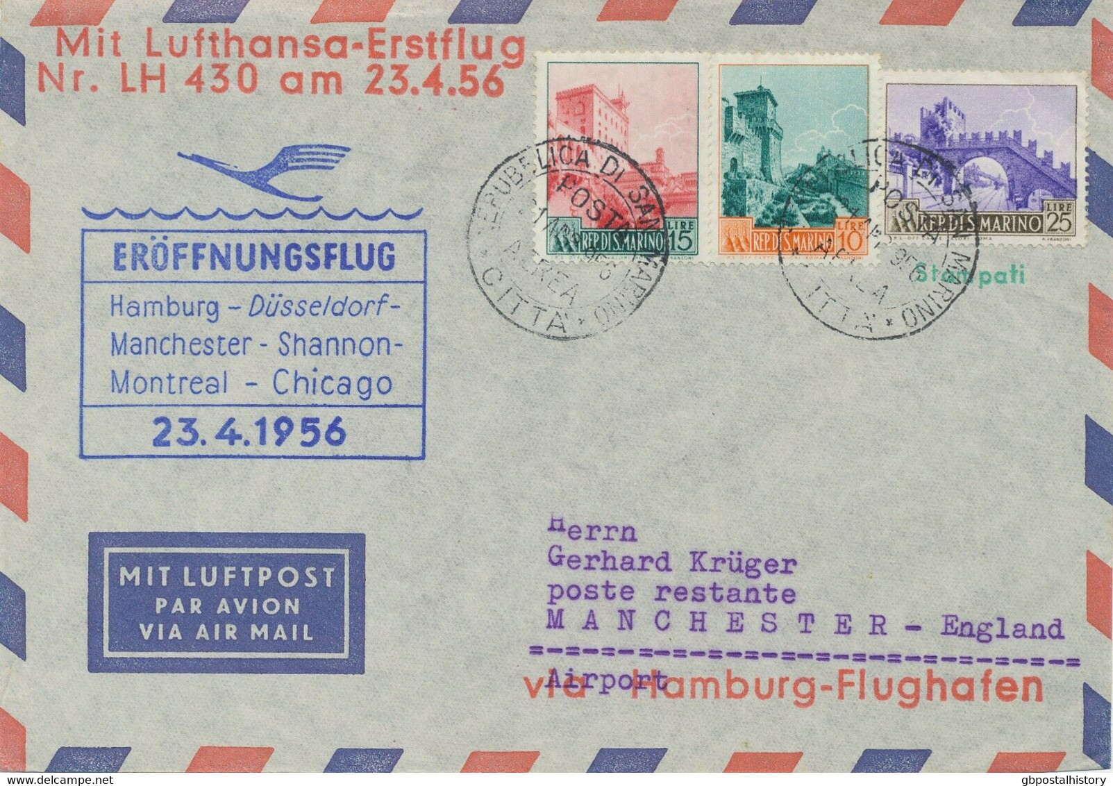 SAN MARINO 1956 Mitläuferpost Dt. Lufthansa Mit LH 430 "HAMBURG - MANCHESTER" - Airmail