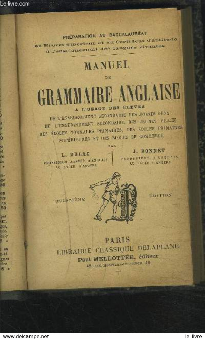 MANUEL DE GRAMMAIRE ANGLAISE - A L'USAGE DES ELEVES DE L'ENSEIGNEMENT SECONDAIRE DES JEUNES GENS, ECOLES NORMALES PRIMAI - Englische Grammatik