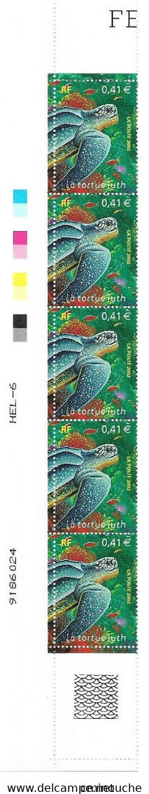 Tortue, YT N° 3485, Bord De Feuille Avec Numéro, HEL - 6 Et Couleurs, 5 Timbres - 2000-2009