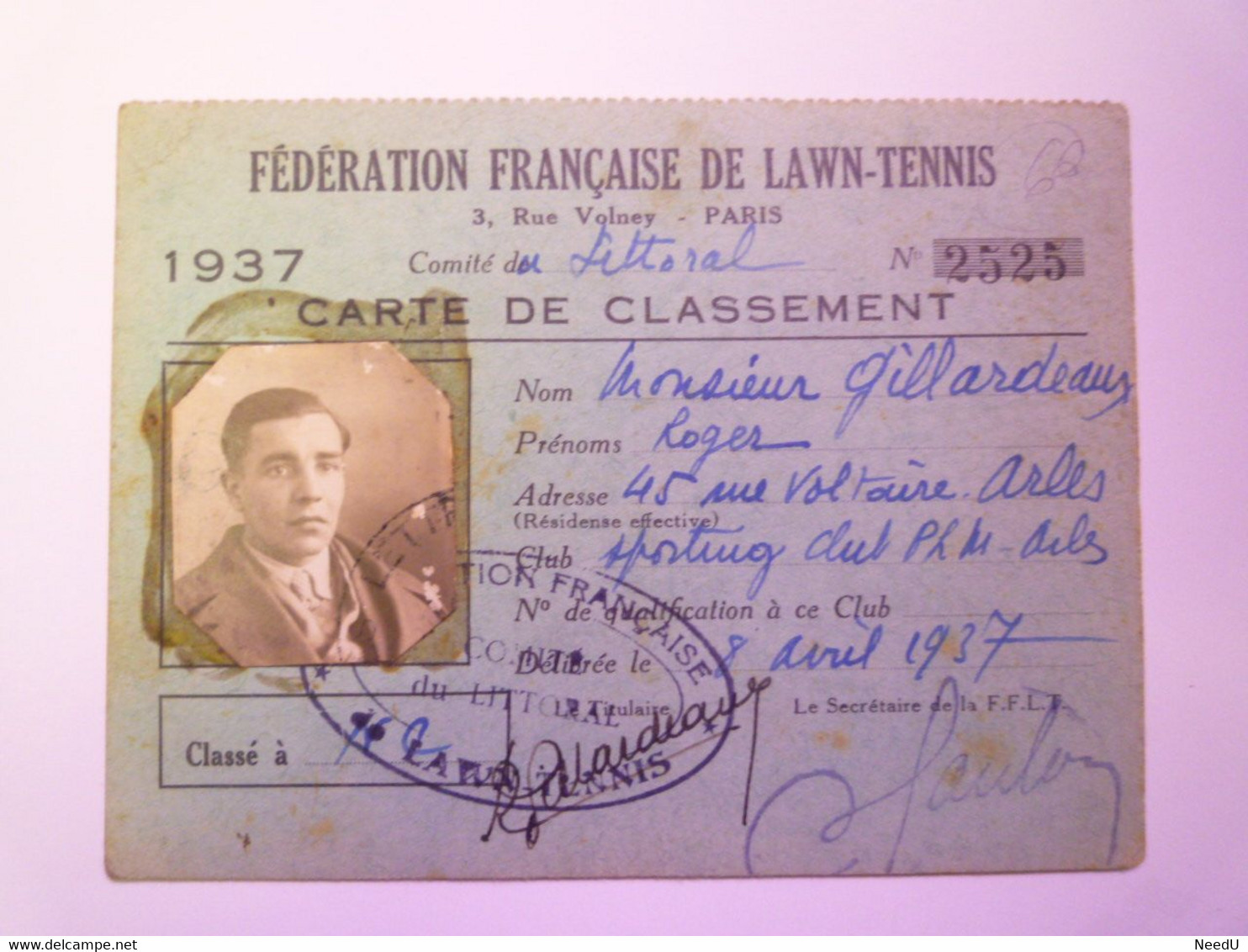 GP 2021 - 84  Fédération Française De LAWN-TENNIS  :  Carte De Classement  1937   XXX - Autres & Non Classés