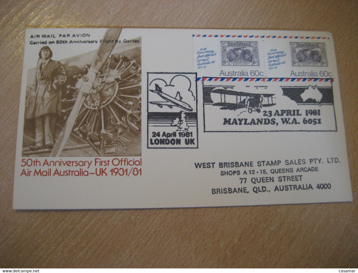 LONDON MAYLANDS 50th Anniv. 1931 First Official Air Mail QANTAS First Flight Cancel Cover ENGLAND AUSTRALIA - Eerste Vluchten